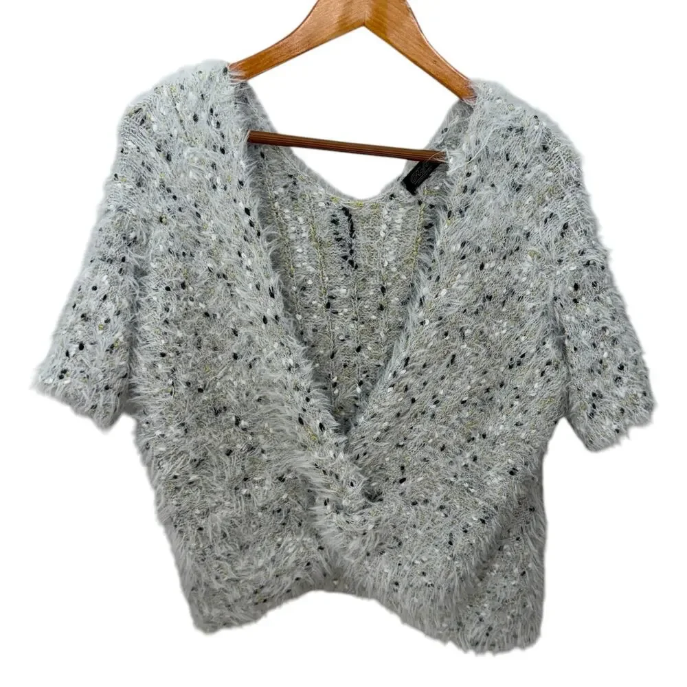 ROFFE Reversible Eyelash Knit Plunge V Neck Short Sleeve Fuzzy Gray Sweater L